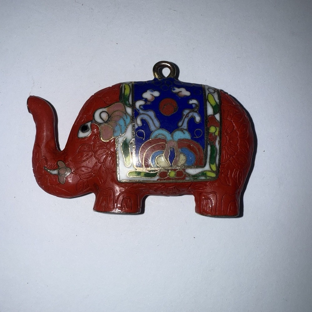 Vintage Large Trunk Up‎ Chinese Cloisonné Elephant Pendant Ornament Red